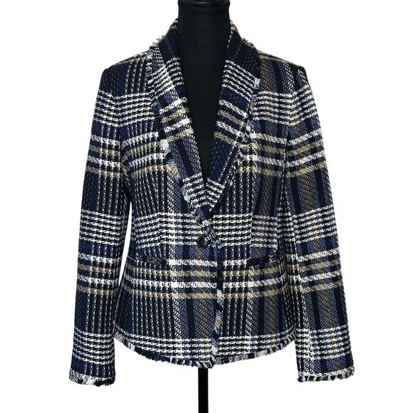 Ann Klein Factory Woven Blazer Jacket Lined Size 8 Navy Black White Tan - Picture 1 of 10